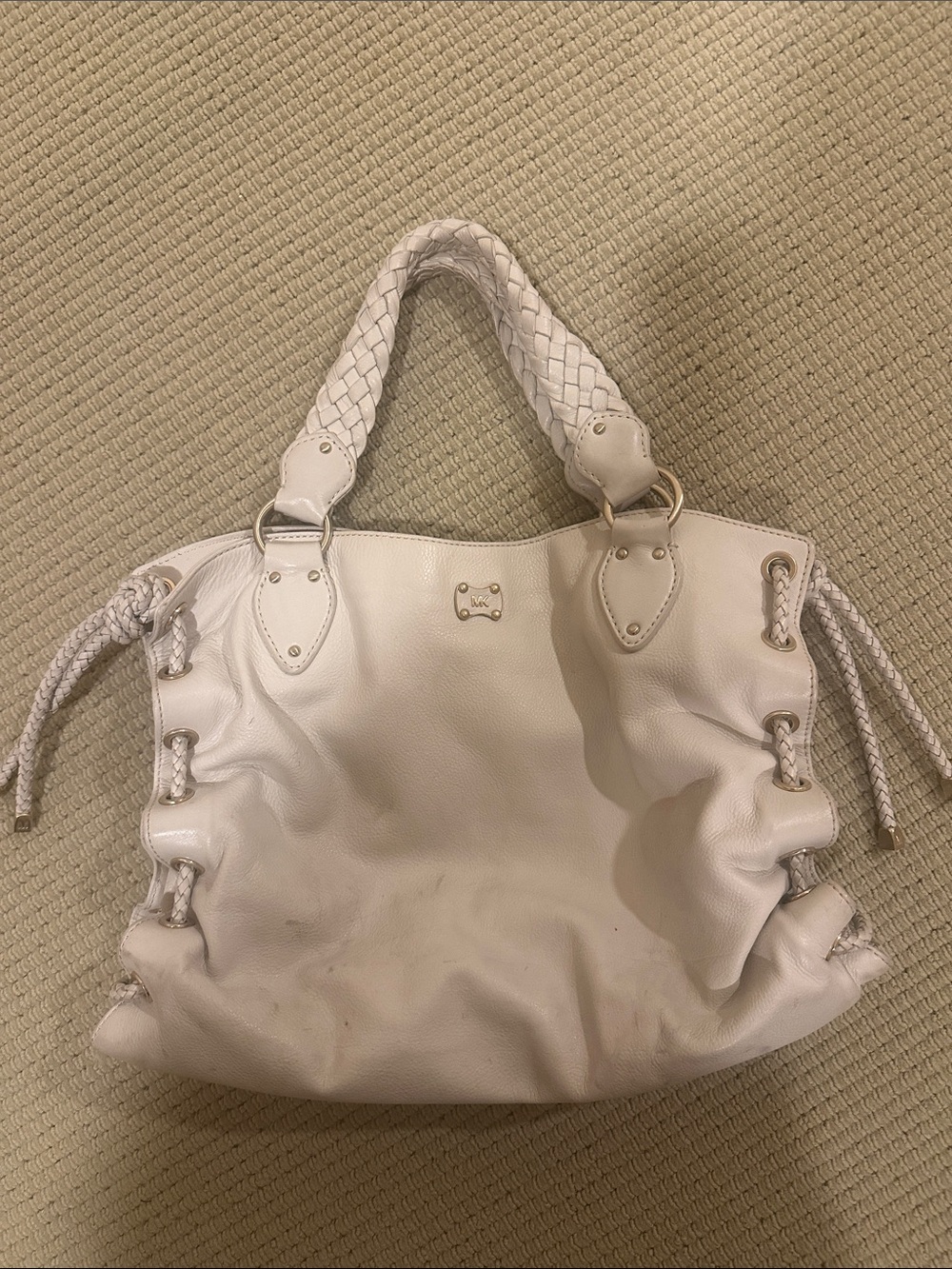 Michael Kors White Braided-Handle Leather Tote